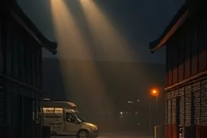 红桃视频主推影片《长夜灯火》雨夜邮局门口的横幅画面